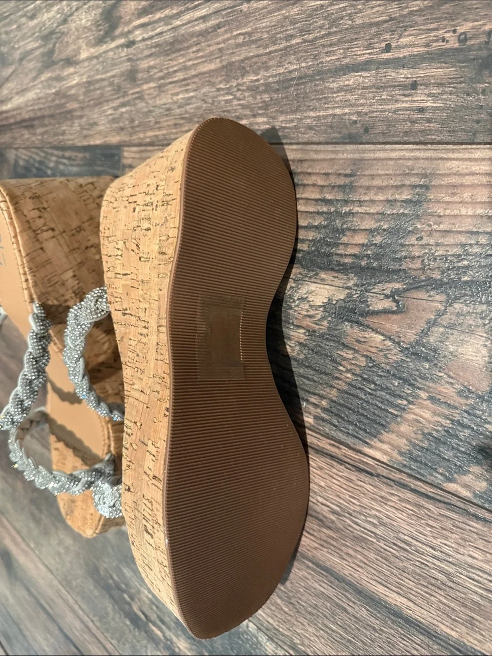 New!! Size 9 - Crystal Strap Cork Wedge Sandals - Silver